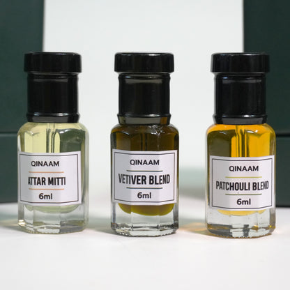 Nature Inspired Attars Combo Set - Pack of 3 | Vetiver Blend | Attar Mitti | Patchouli Blend